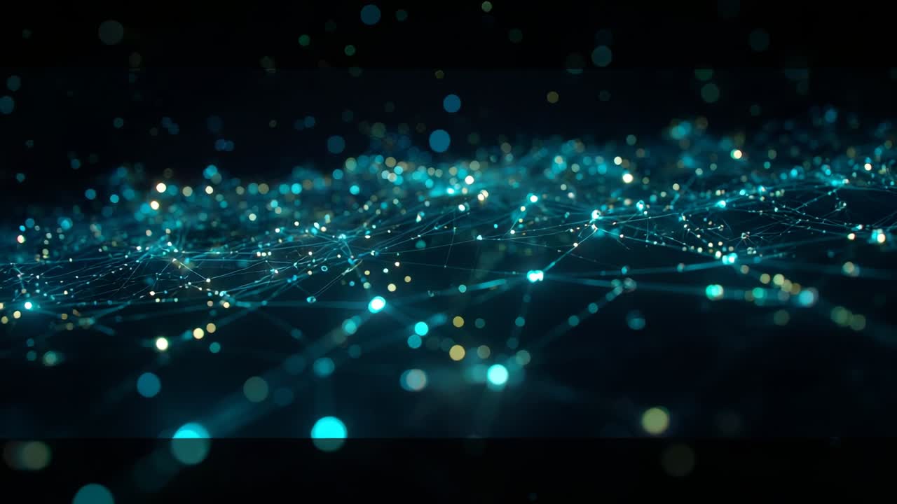 Starting camera gliding across dark plane, with glowing data node network focusing on gold clusters