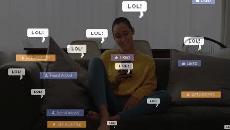 Animation of social media icons over biracial woman smiling while using smartphone at home