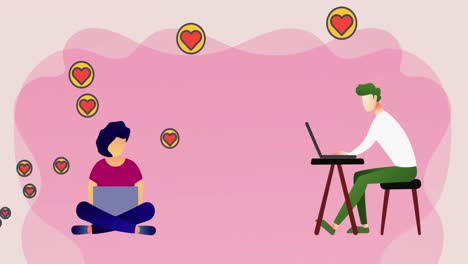 Iconos-De-Corazón-Flotando-Contra-Iconos-De-Hombre-Y-Mujer-Usando-Una-Computadora-Portátil-Contra-Fondo-Rosa