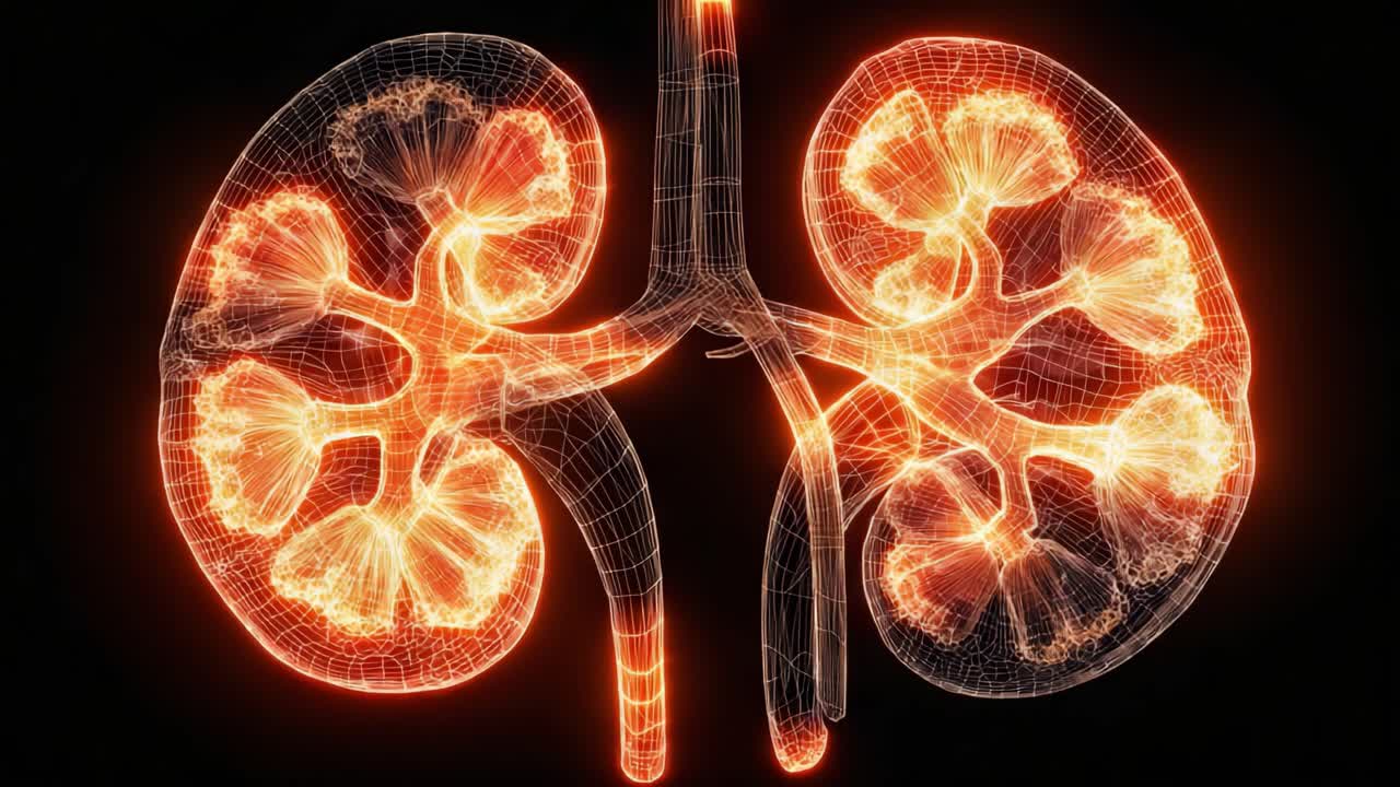A Stunning 3D Visualization of the Human Kidneys, Showcasing Intricate Structures and Fluid Movement in a Radiant, Luminous Display of Renal Anatomy