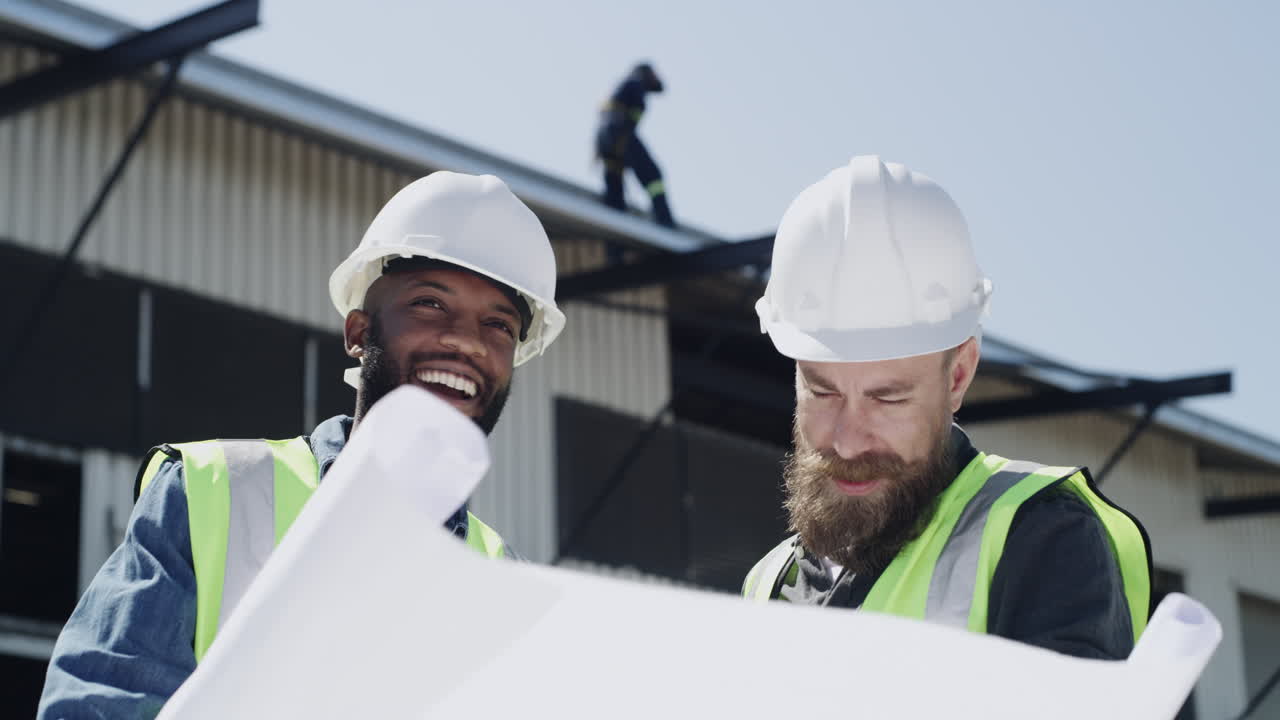 two engineers holding a blueprint while having