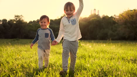 dos hermanos caminan por el campo en verano al atardecer tomados de la mano felices y alegres.