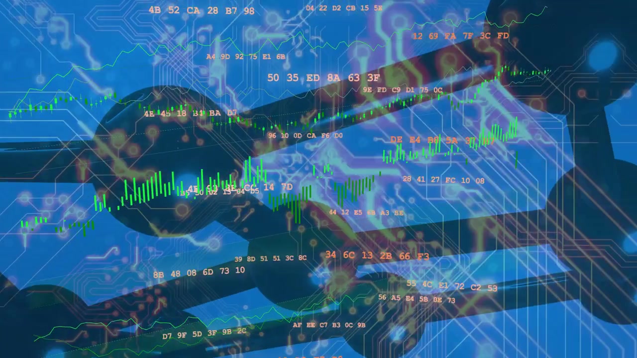 Data feed starting, dark lattice rotating while green charts sliding, visualizing data flow