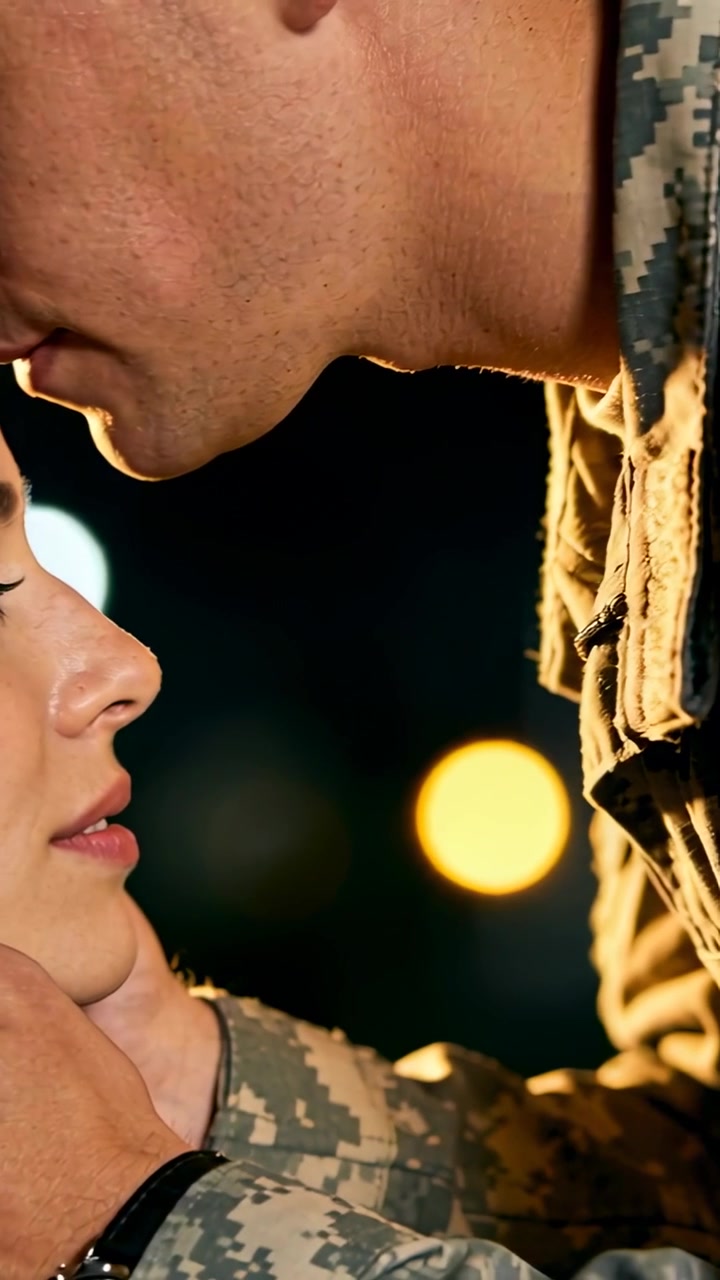 Vertical video: Reaching soldier in camo uniform cupping female jaw for kiss at night, bokeh lights
