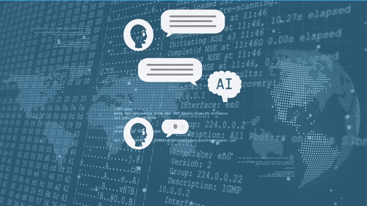Animation of ai text and icon, data processing over globe and world map