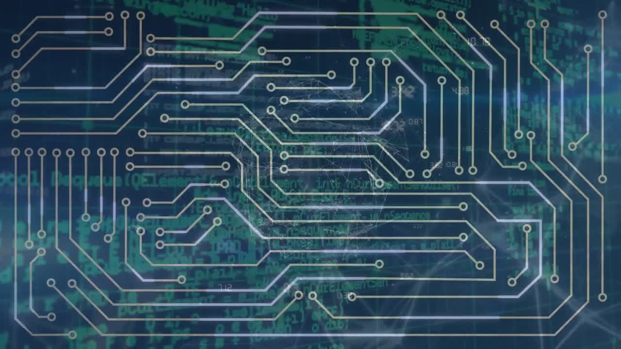 녹색 배경에 대한 데이터 처리를 통해 마이크로프로세서 연결의 애니메이션.