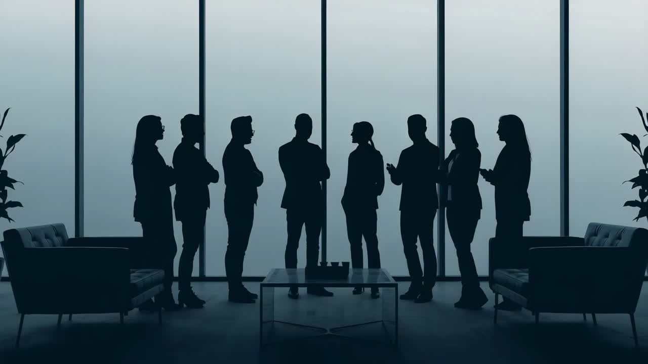 Stepping forward, right person starting briefing with team in suits in office lounge, phone