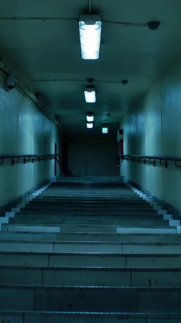 Video verticale: Telecamera in movimento che segue scale di cemento verso un pianerottolo chiuso, mostrando un'insegna di uscita illuminata.