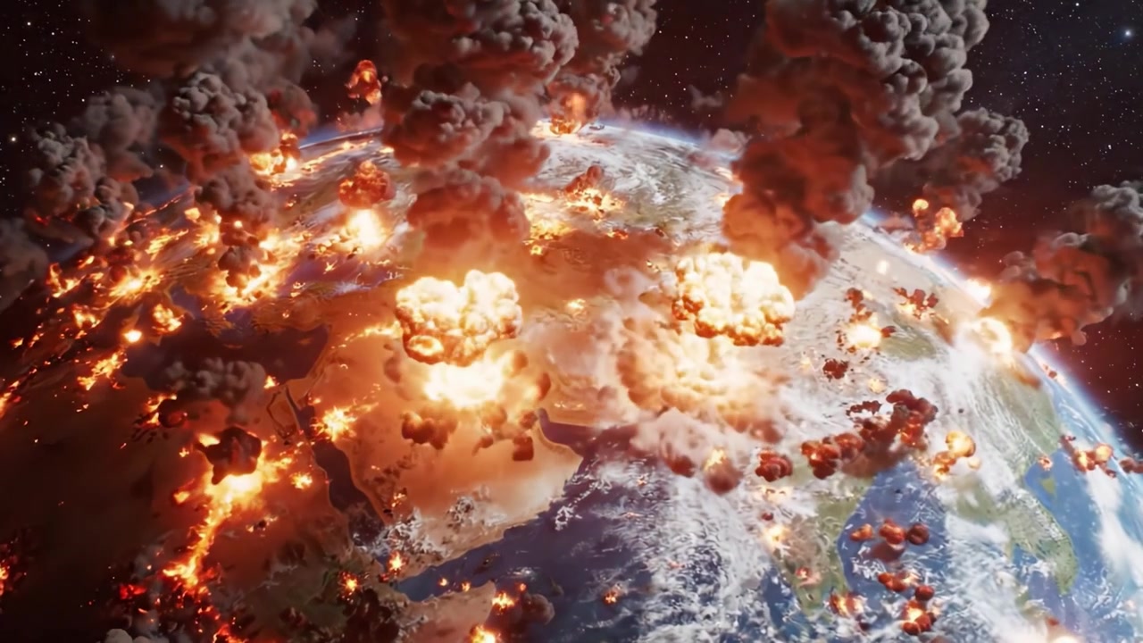 A Dramatic Depiction of Earth Under Siege: Explosions and Smoke Surrounding the Planet as Natural Disasters Intensify, Leading to Unprecedented Destruction and Fear