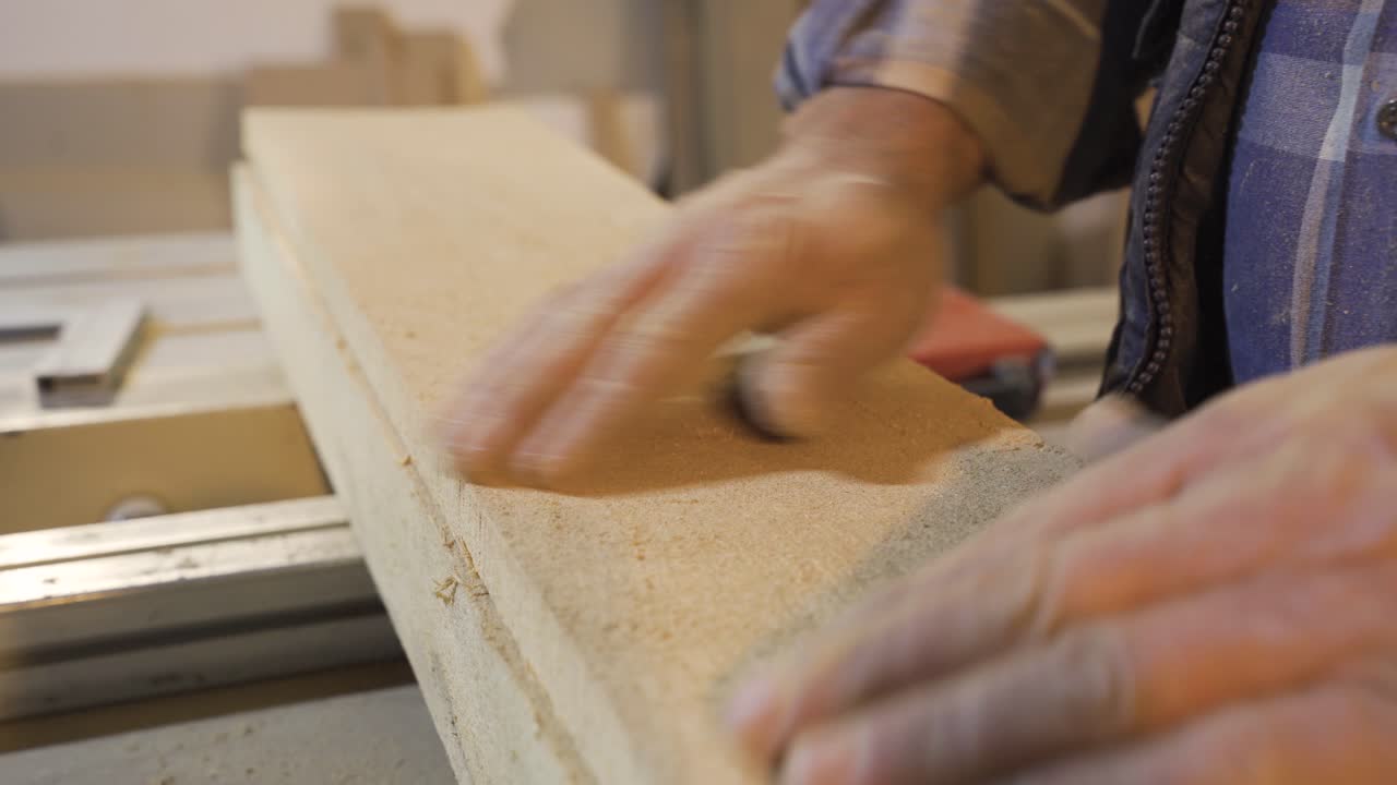 el carpintero limpia la madera polvorienta y el aserrín con sus manos y la mide con un medidor.