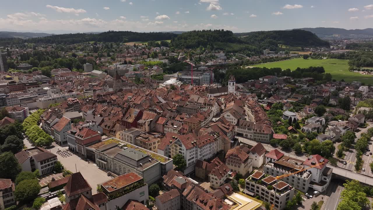 Aerial View Of Aarau Town In Summer In Aargau Canton, Switzerland. - pullback shot