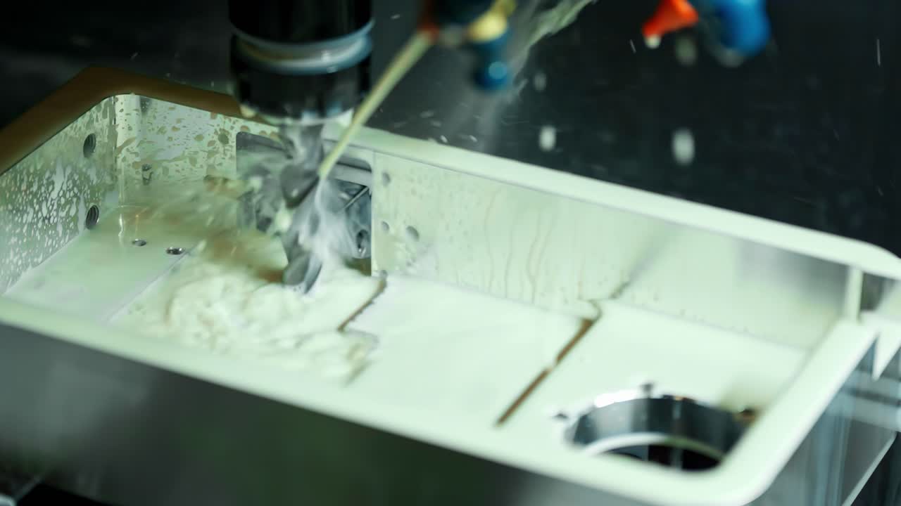 A slow-motion close-up shows a CNC machine precisely drilling a detail into a metal component while a liquid coolant lubricates the tool and washes away shavings