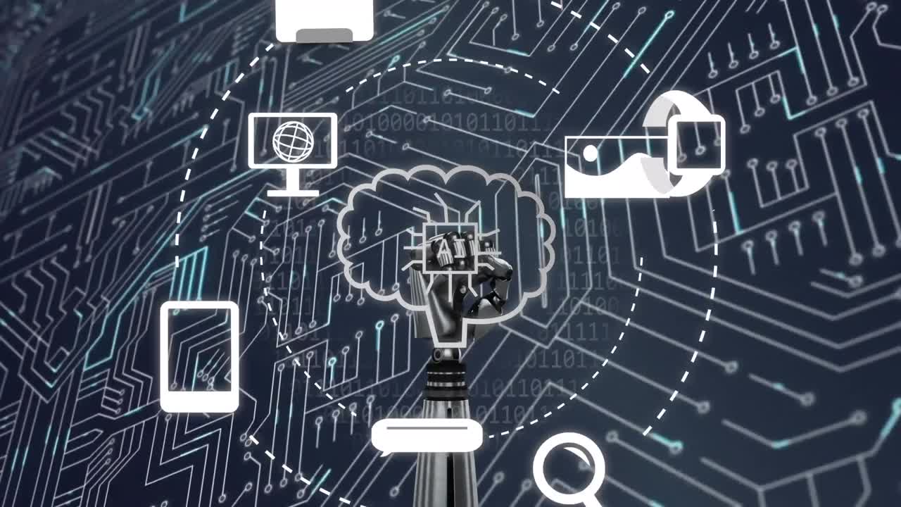animación del procesamiento de datos ai sobre placa de circuitos y fondo oscuro