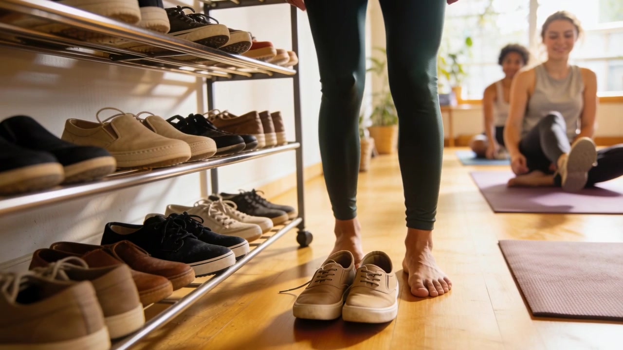 Donna in leggings che si toglie le scarpe da ginnastica di tela beige, preparandosi per una lezione di tappetino su tappetini da yoga viola in studio.