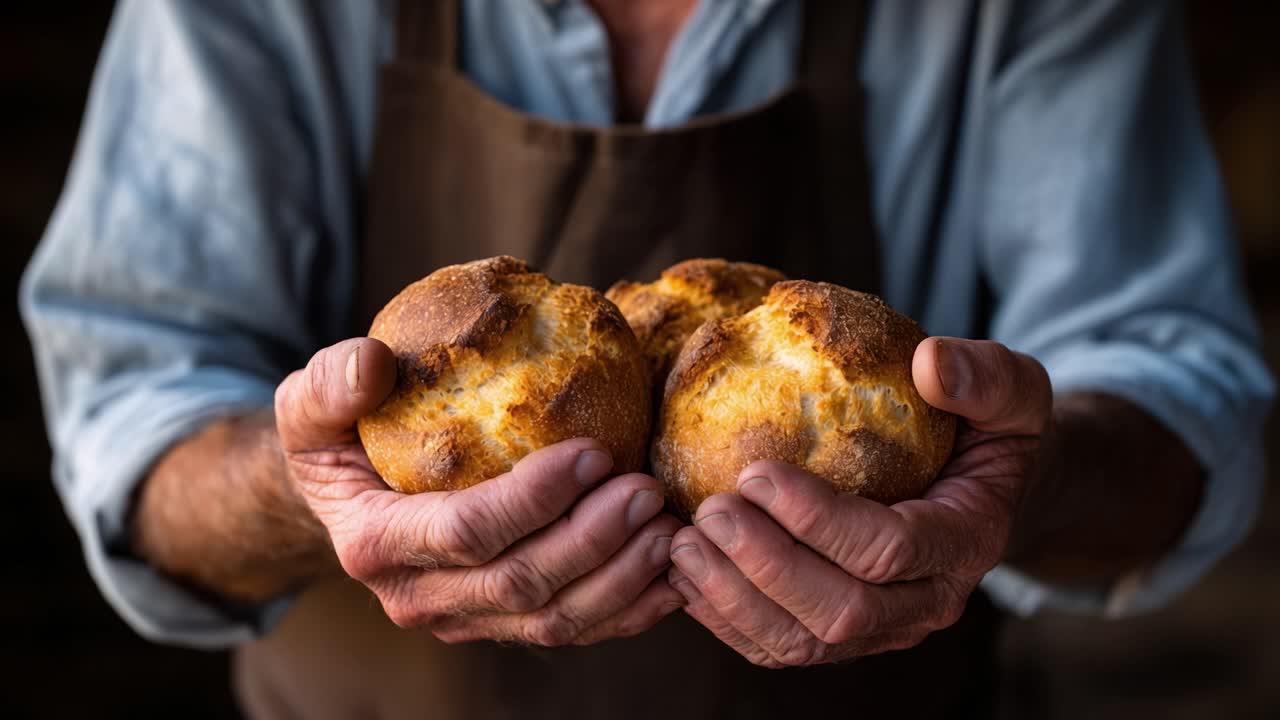 Artisan Baker Holding Freshly Baked Rustic Bread Rolls in His Hands, Showcasing the Golden Crust and Soft Inside, Perfect for Any Meal or Gathering