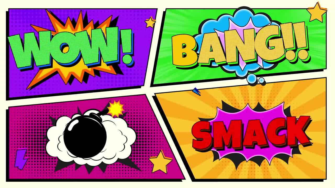 Pacchetto di fumetti con animazione vocale ed elementi grafici per un design video espressivo