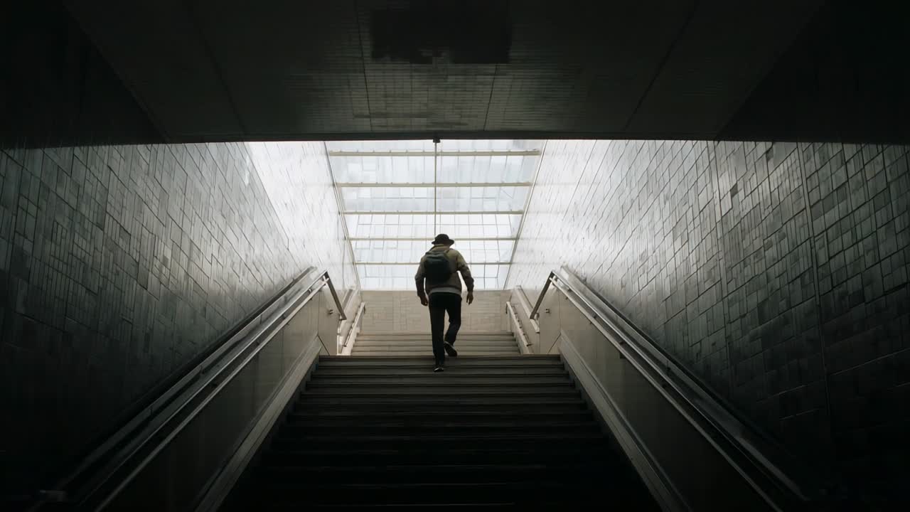 Climbing hooded man ascending from lower steps toward skylight in transit stairs, carrying backpack