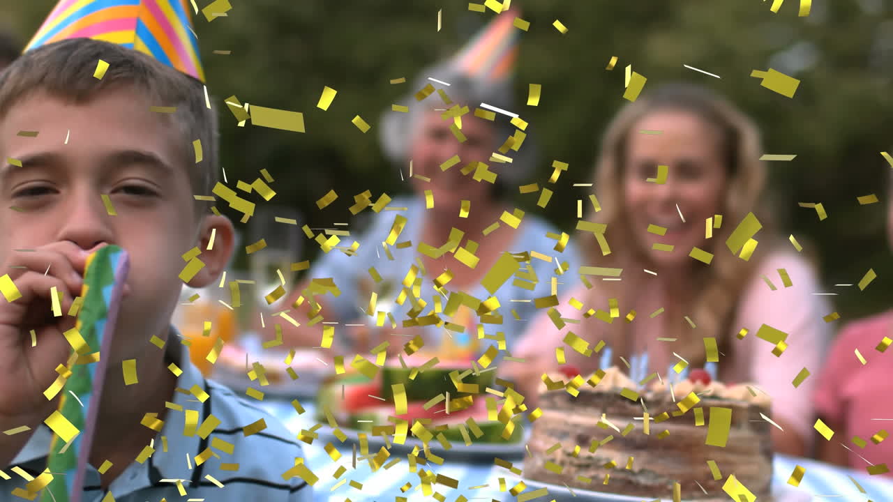 생일 파티에서 행복한 가족 위에 떨어지는 콘페티의 애니메이션