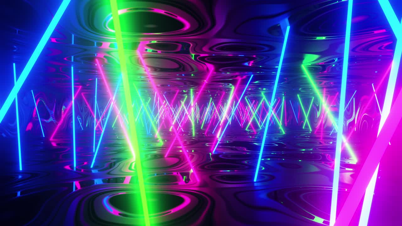 volando por un pasillo con luces fluorescentes multicolores. animación en bucle infinito.