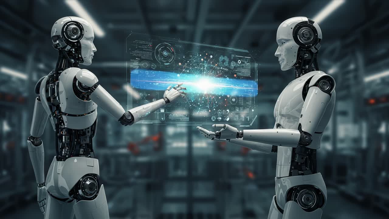 Two Advanced Robots Engaging in a Futuristic Interaction with Holographic Displays of Data and Advanced Interfaces in a High-Tech Laboratory Environment