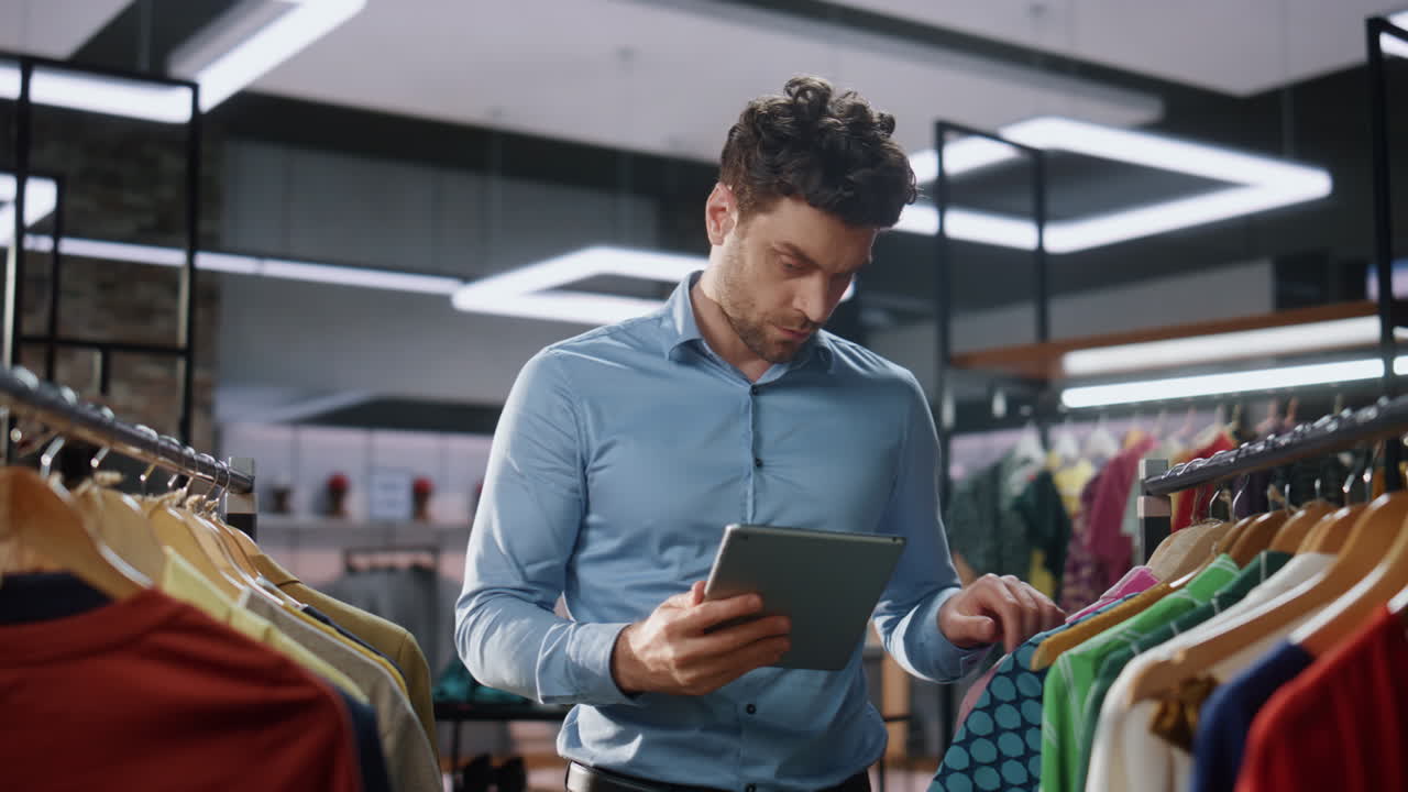 asistente de la tienda comprobando la tableta trabajando en la tienda de cerca. hombre haciendo inventario