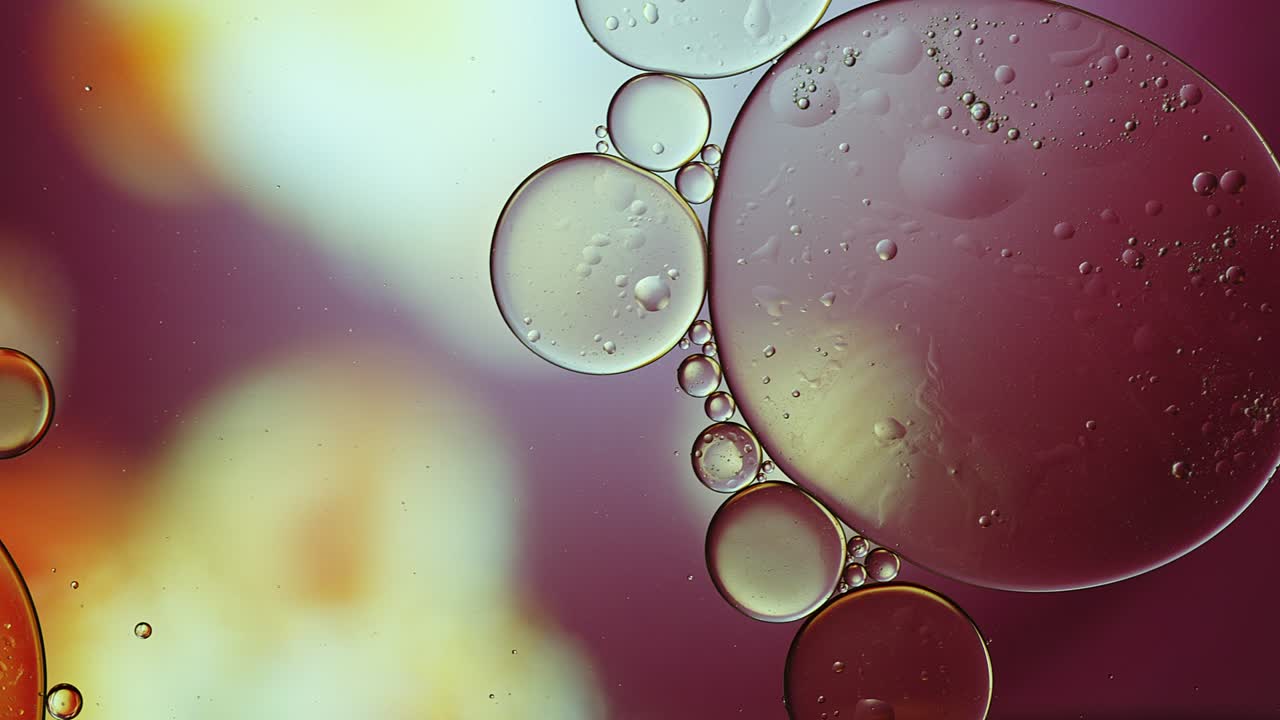 Gotas de Óleo Alimentar Coloridas Abstratas, Bolhas e Esferas Fluindo