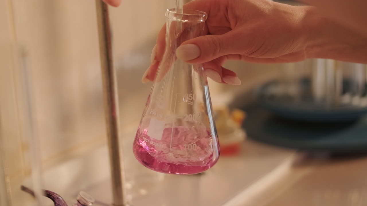Person pouring liquid into a flask in a lab setting