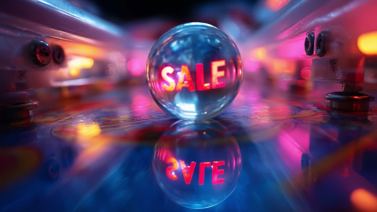 A vibrant and captivating close-up of a glass sphere displaying the word SALE, reflecting colorful lights and patterns, set against a glossy pinball machine background, enhancing the visual appeal