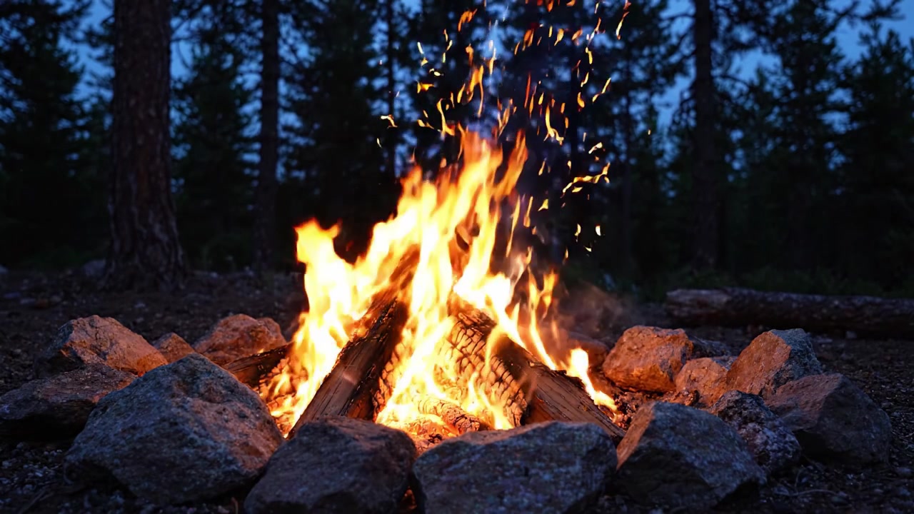 Fiamme affascinanti divampano da un falò rustico circondato da alberi rigogliosi, incarnando lo spirito delle avventure all'aria aperta e la serenità nell'abbraccio della natura.