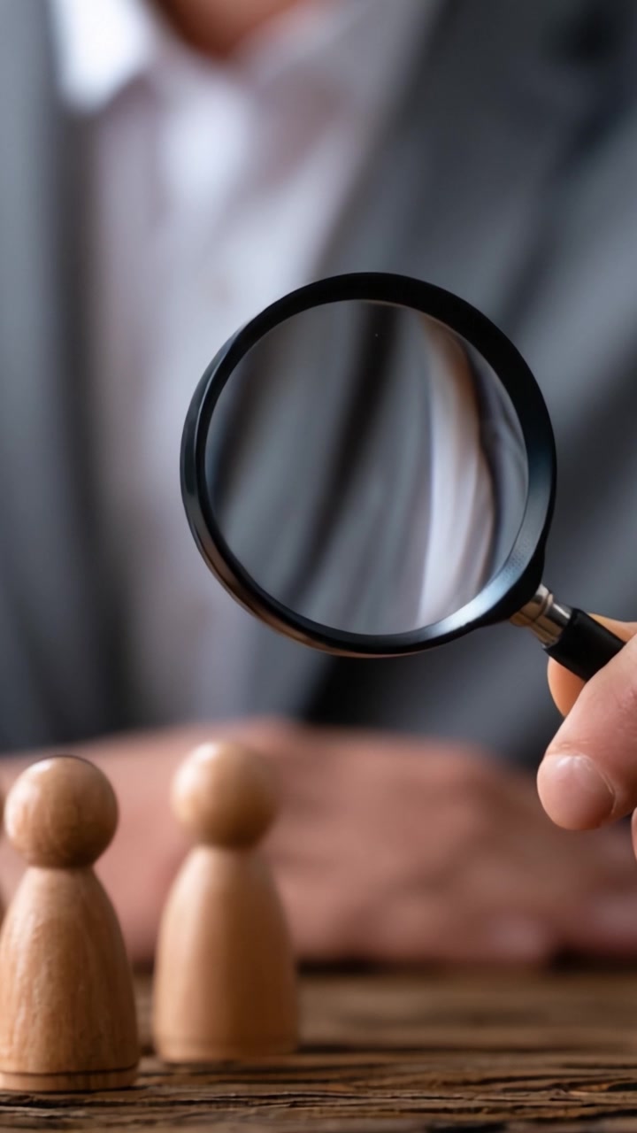 A Detailed Examination: Using a Magnifying Glass to Analyze Intriguing Wooden Figures, Capturing the Essence of Curiosity and Observational Skills