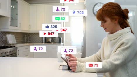 Animación-De-Múltiples-Barras-De-Notificación-Sobre-Una-Mujer-Caucásica-Desplazándose-En-Una-Tableta-Digital-En-Casa