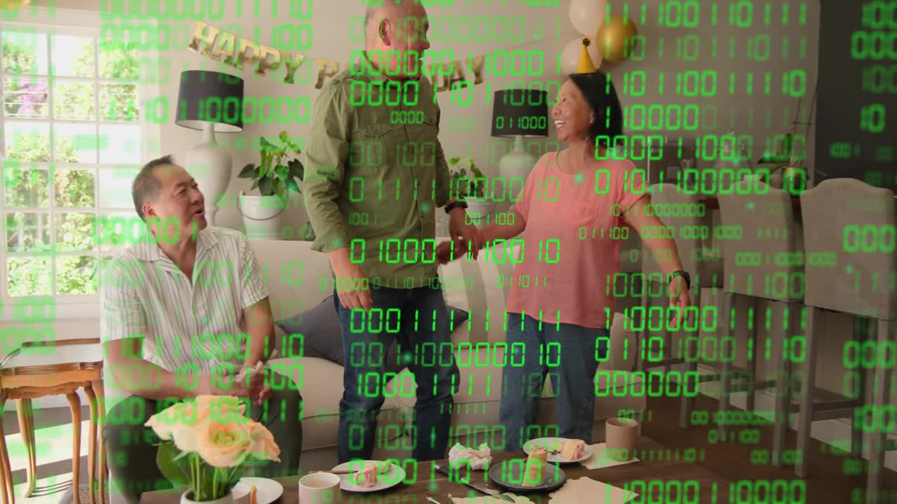 Center man reaching and smearing cake on woman, family celebrating with binary technology overlay