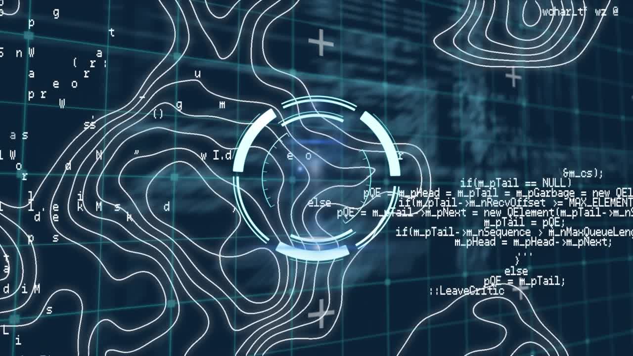 Round scanner and topography patterns against data processing on blue background