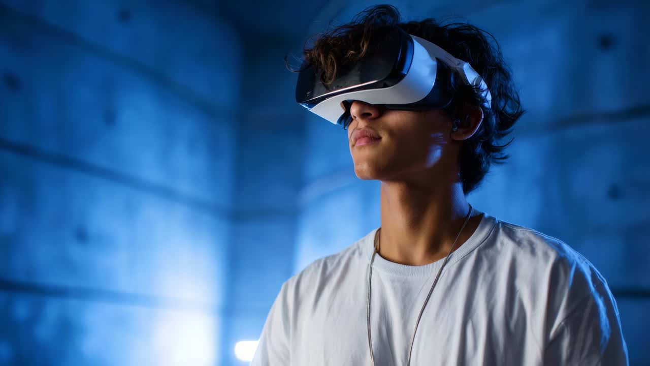 Exploring the Virtual Universe: A Young Individual Engaged in an Immersive VR Experience Inside a Modern Futuristic Setting, Capturing the Essence of Virtual Reality Technology and Imagination