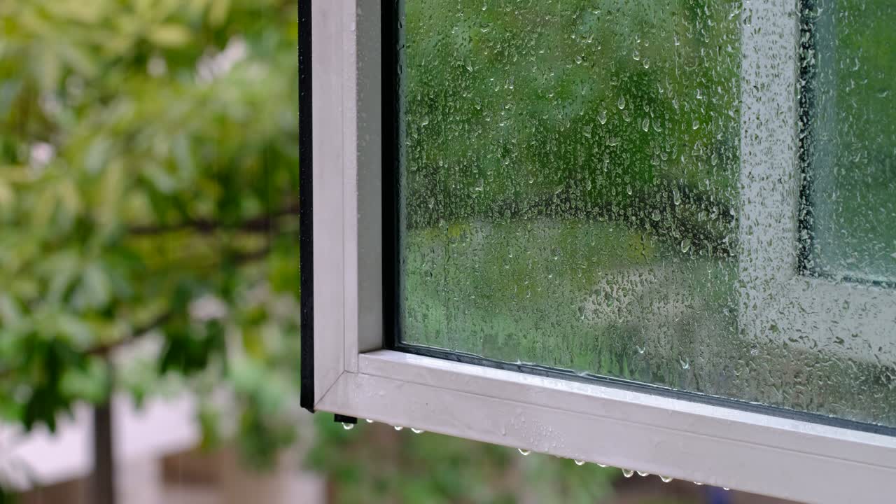 유리 위에 숲 풍경 반사와 물방울이 있는 텍스처 된 창문 프레임