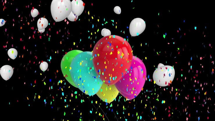 Animazione di coriandoli multicolore che cadono su palloncini su sfondo nero