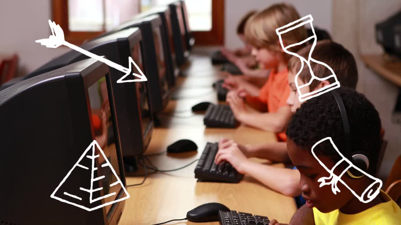 컴퓨터를 사용하는 다양한 학교 학생에 대한 학교 아이콘의 애니메이션