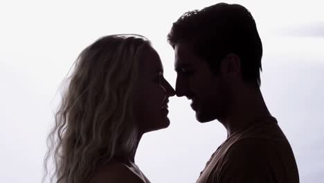 couple standing face to face and kissing