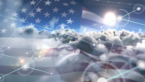 animation of network of connections over flag of usa