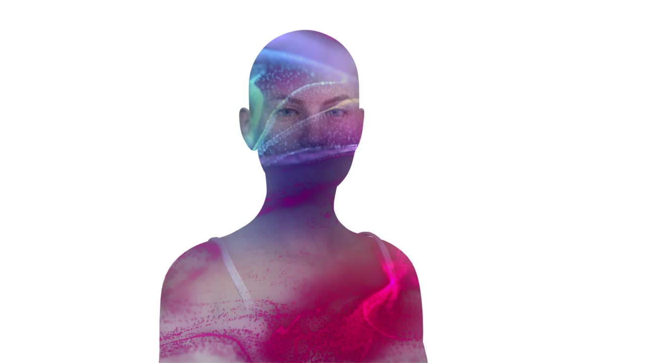 초현실적인 초상화, 영적 우주, 다채로운 페인트, 여자의 머리 실루, 색 위에 고립된 이중 노출.