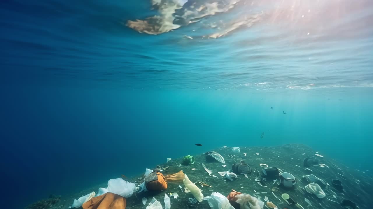 Plastic and other garbage polluting the ocean floor in sun rays, showing the devastating effects of plastic pollution on marine environments