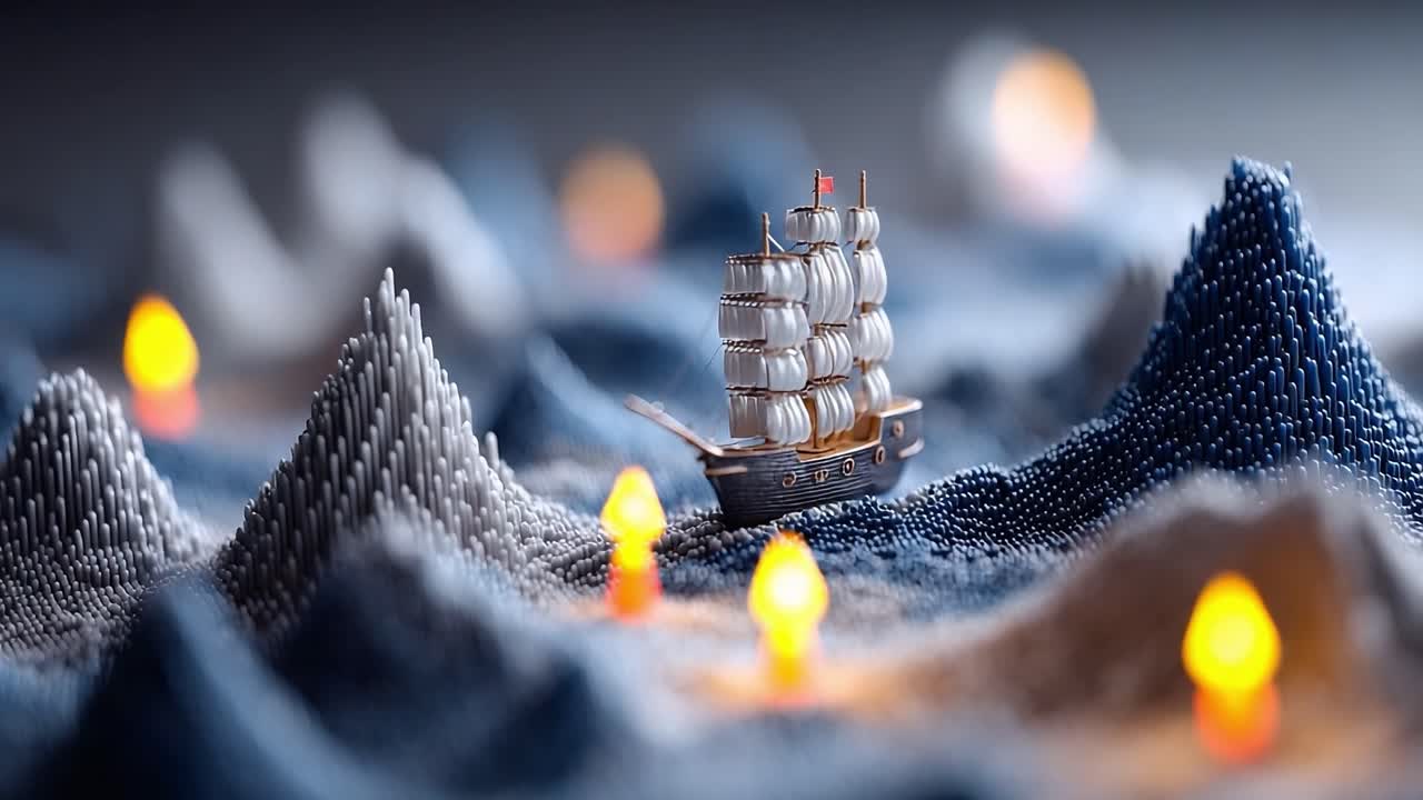 A Captivating Voyage Through an Artful Sea: A Miniature Ship Navigates Stunning Terrain of Textured Peaks and Glimmering Lights in This Visual Delight