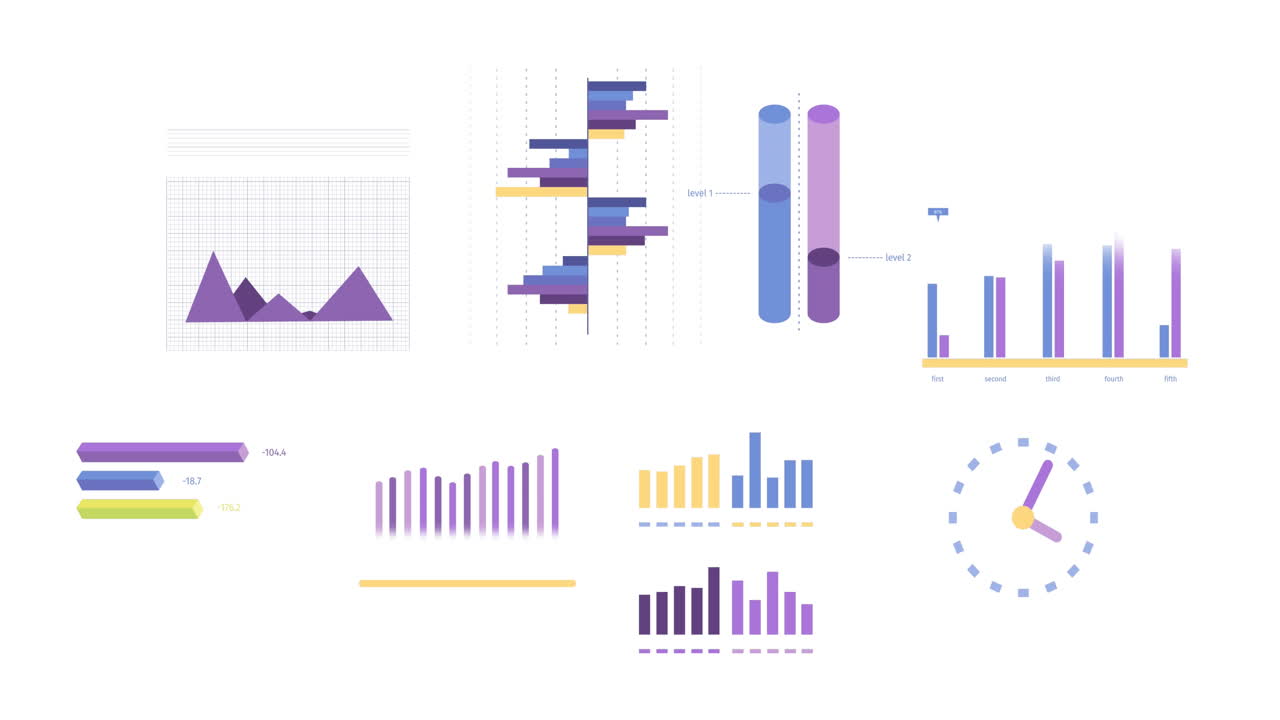 animación de estadísticas, gráficos y procesamiento de datos financieros sobre un fondo blanco