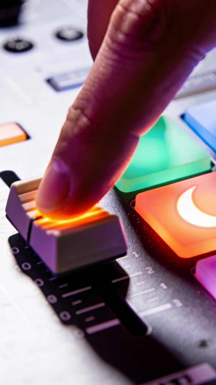 Vertical video: Hovering finger starting press, tapping white button raising orange LED on panel