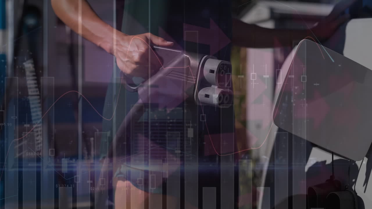 데이터 처리의 애니메이션과 카우카스인 남자가 차에 연료를 공급하는 화살표