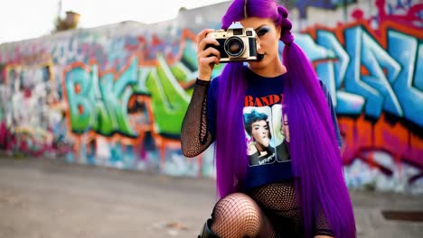 woman with purple hair and vintage camera in front of graffiti wall