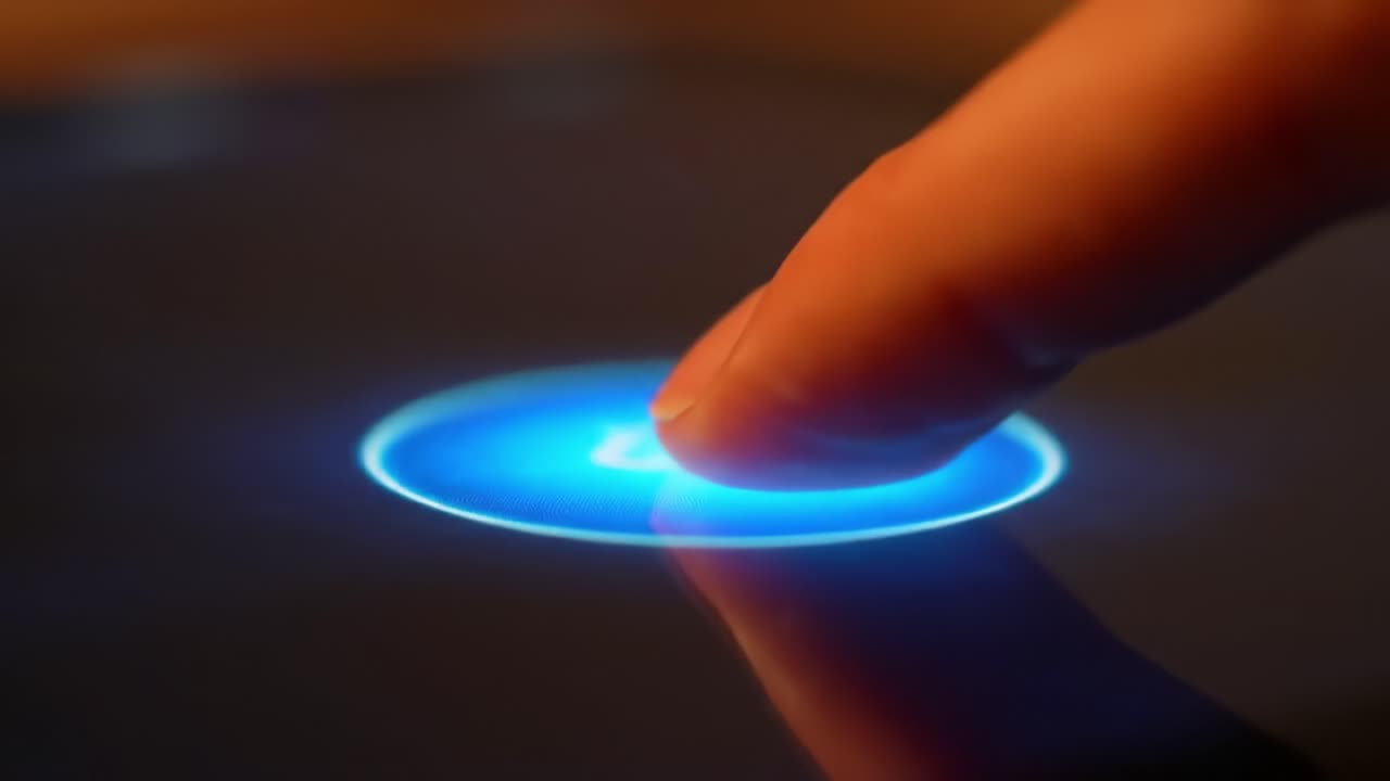 An Engaging Interaction: A Finger Touches a Glowing Circular Interface on a Touchscreen Device, Capturing a Moment of Technology in Action