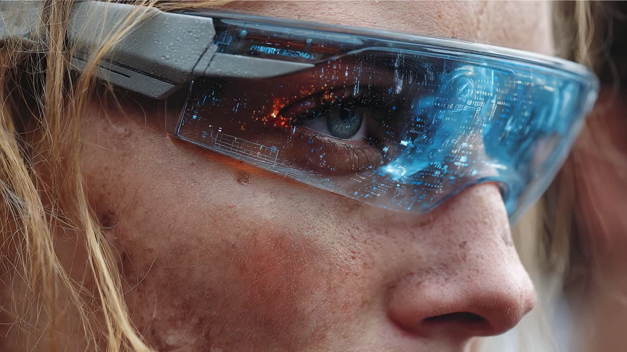 A Close-Up Look at Futuristic Augmented Reality Glasses Overlaid with Digital Visions, Capturing the Blend of Realism and Technology in the Human Experience