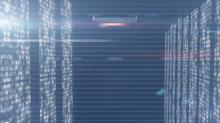 Animation of data processing and light spots on black background