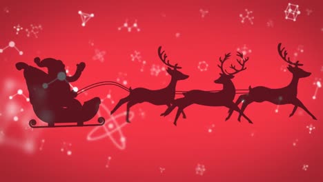 Molecular-structures-floating-over-santa-claus-in-sleigh-being-pulled-by-reindeers-on-red-background